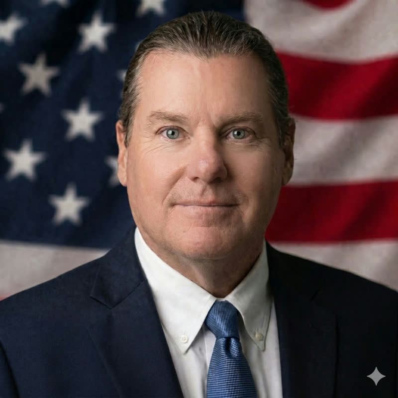 Edmund Tom Maciejewski, candidate for Berkeley Heights Township Council, in front of an American flag