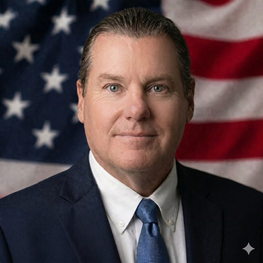 Edmund Tom Maciejewski campaign portrait in front of an American flag