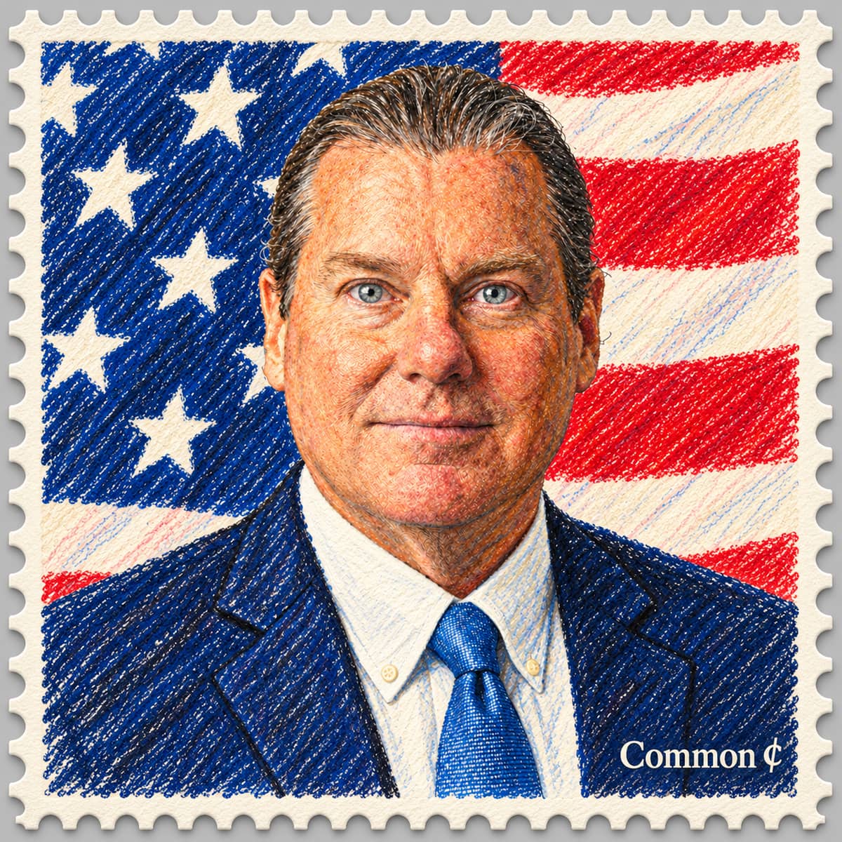 Illustrated portrait of Edmund Tom Maciejewski, candidate for Berkeley Heights Township Council, against an American flag